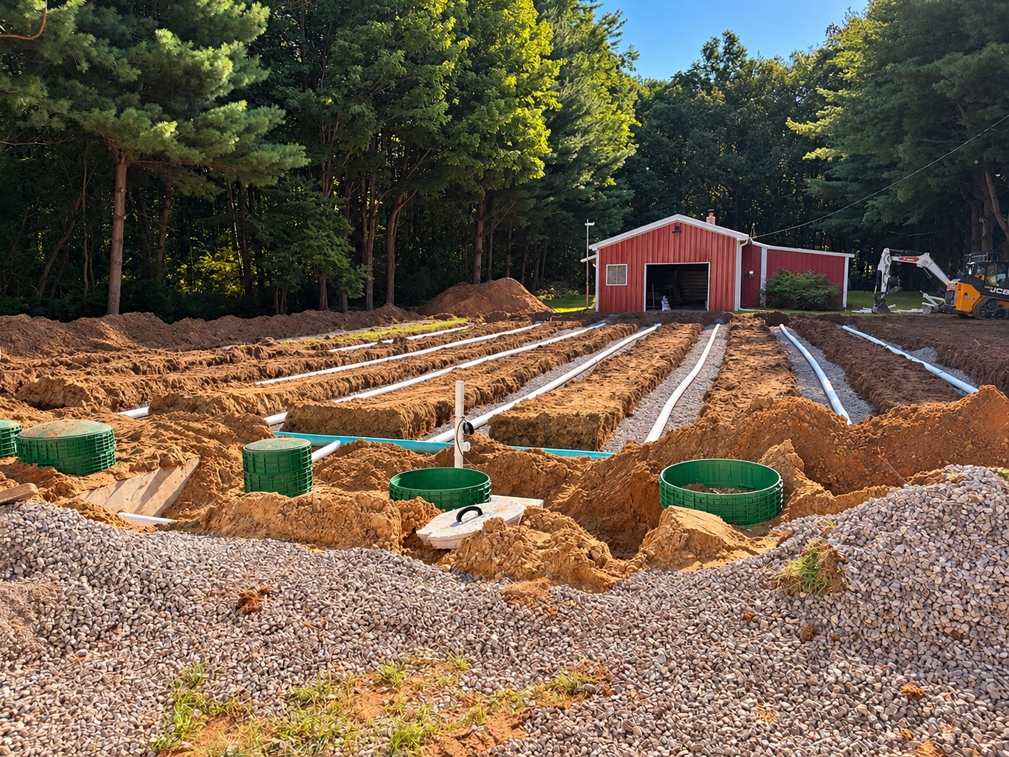 Leach field installation with drain lines and gravel before backfill
